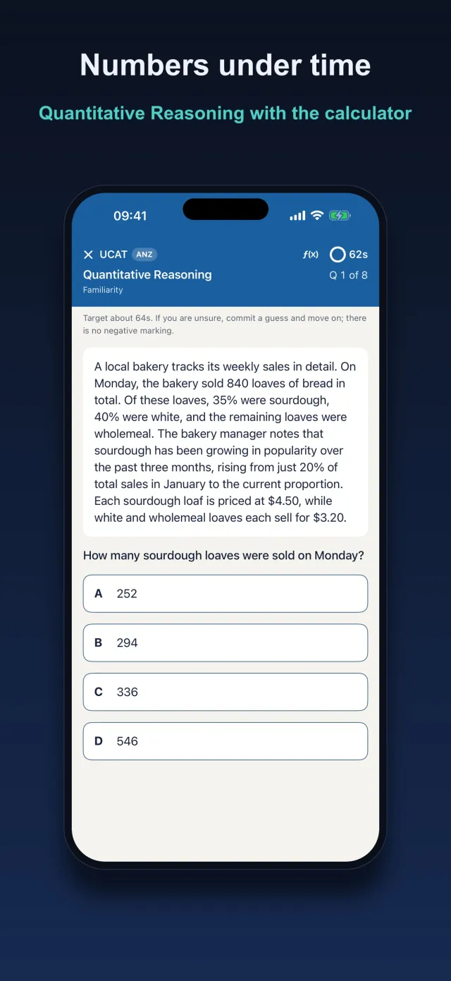 Kairos Quantitative Reasoning question with a word problem, multiple choice answers, and a live timer