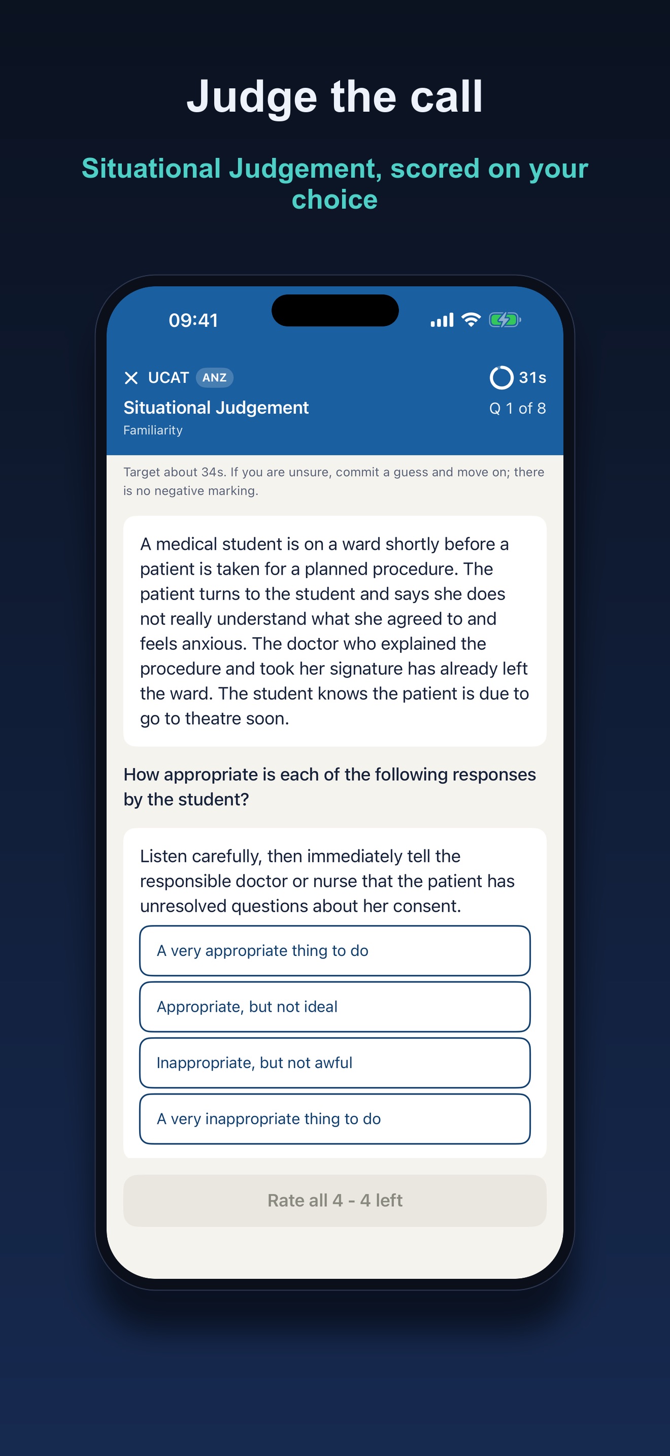 Kairos Situational Judgement question rating the appropriateness of a response under a live timer