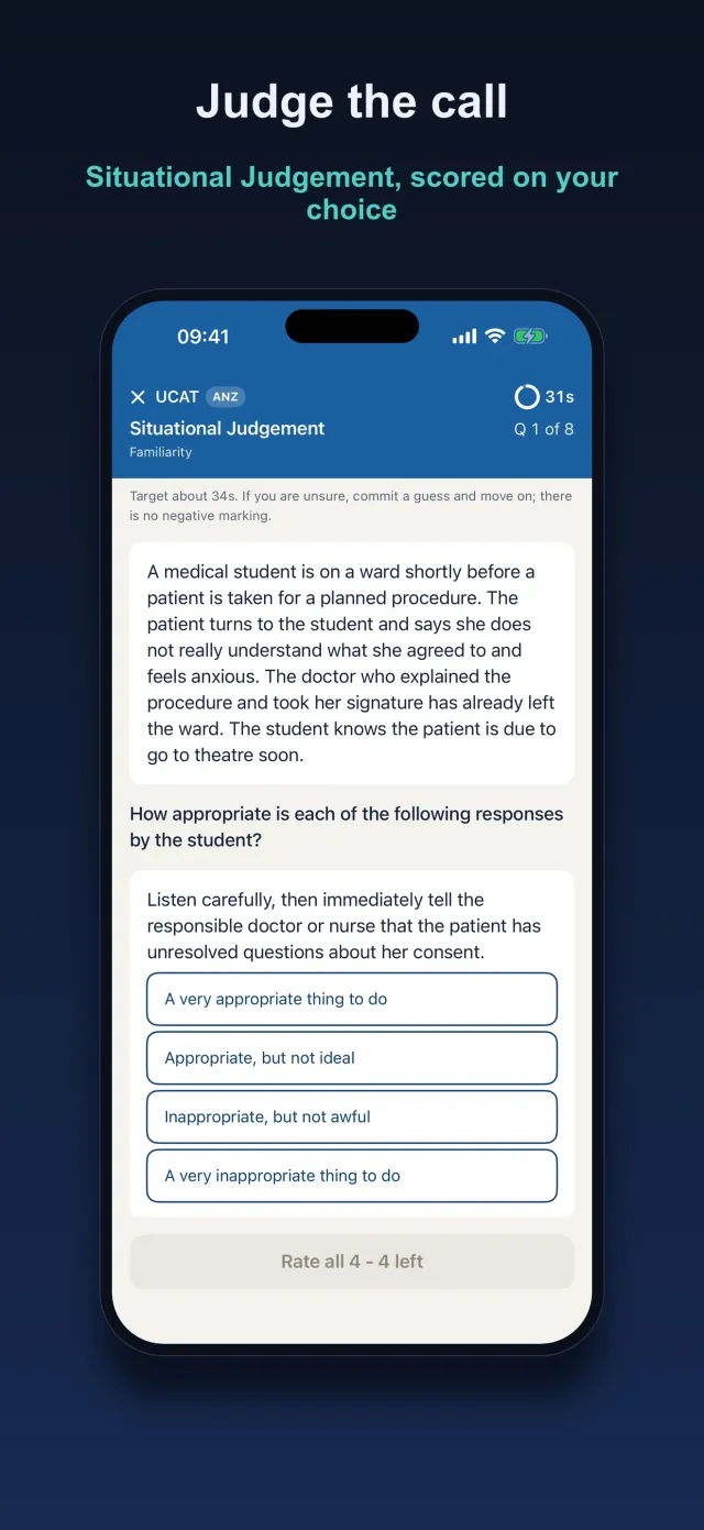 Kairos Situational Judgement question rating the appropriateness of a response under a live timer