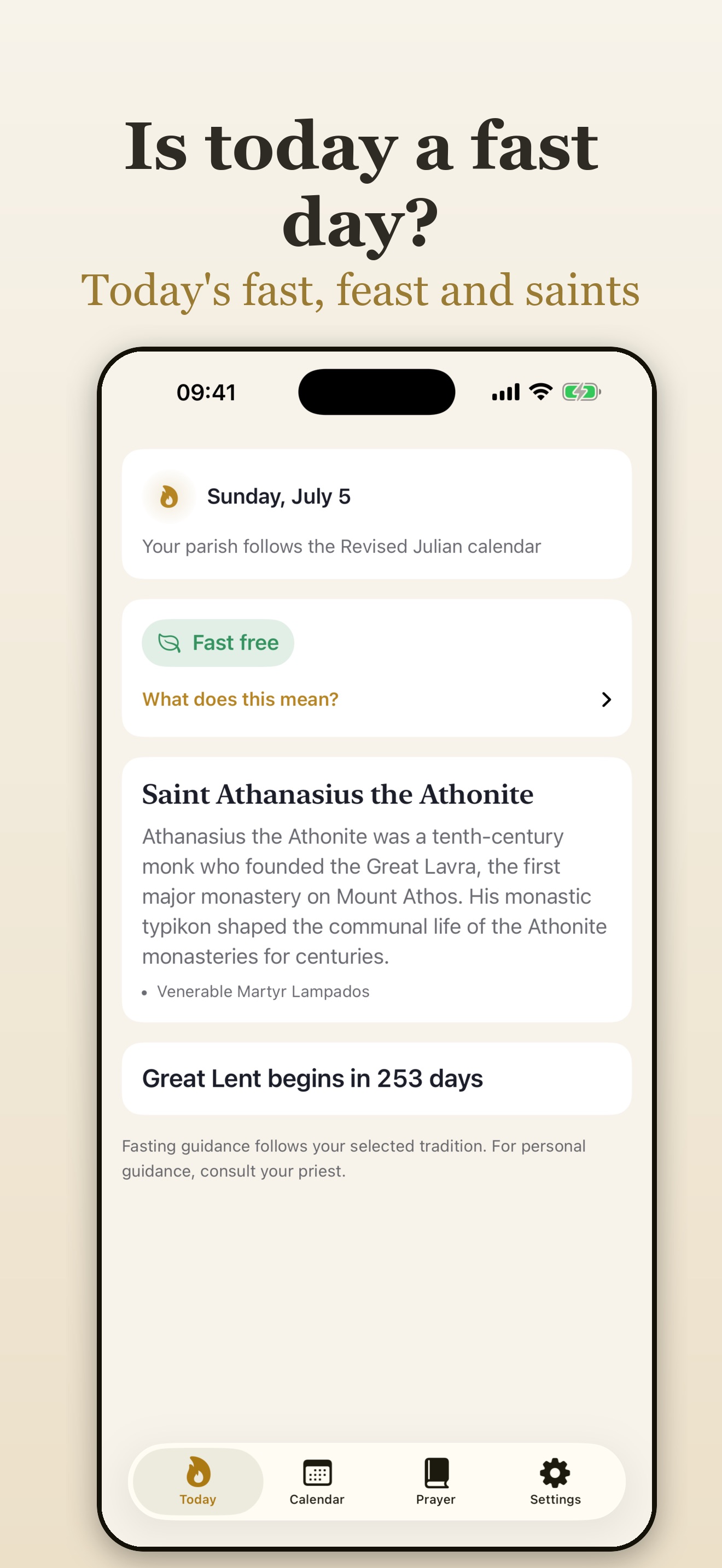 Kandilo Today screen answering whether today is a fast day, with the saint of the day and the countdown to Great Lent below it