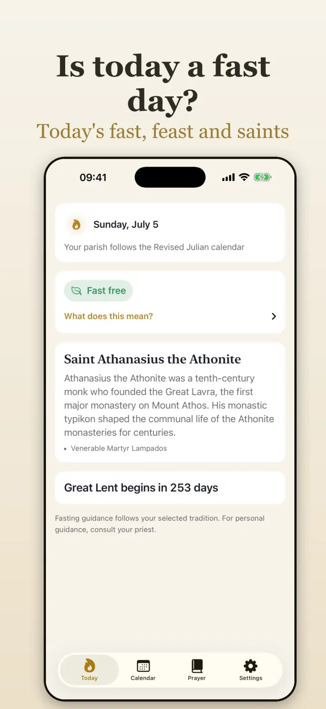 Kandilo Today screen answering whether today is a fast day, with the saint of the day and the countdown to Great Lent below it
