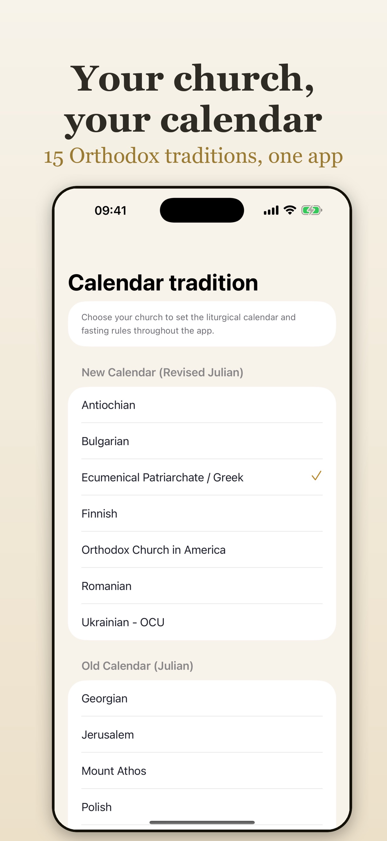 Kandilo calendar tradition picker, listing the Orthodox churches and calendars the app follows, New and Old calendar grouped separately