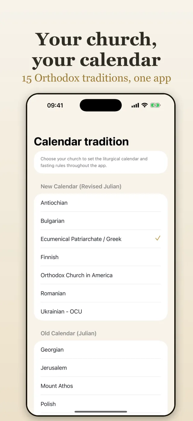 Kandilo calendar tradition picker, listing the Orthodox churches and calendars the app follows, New and Old calendar grouped separately