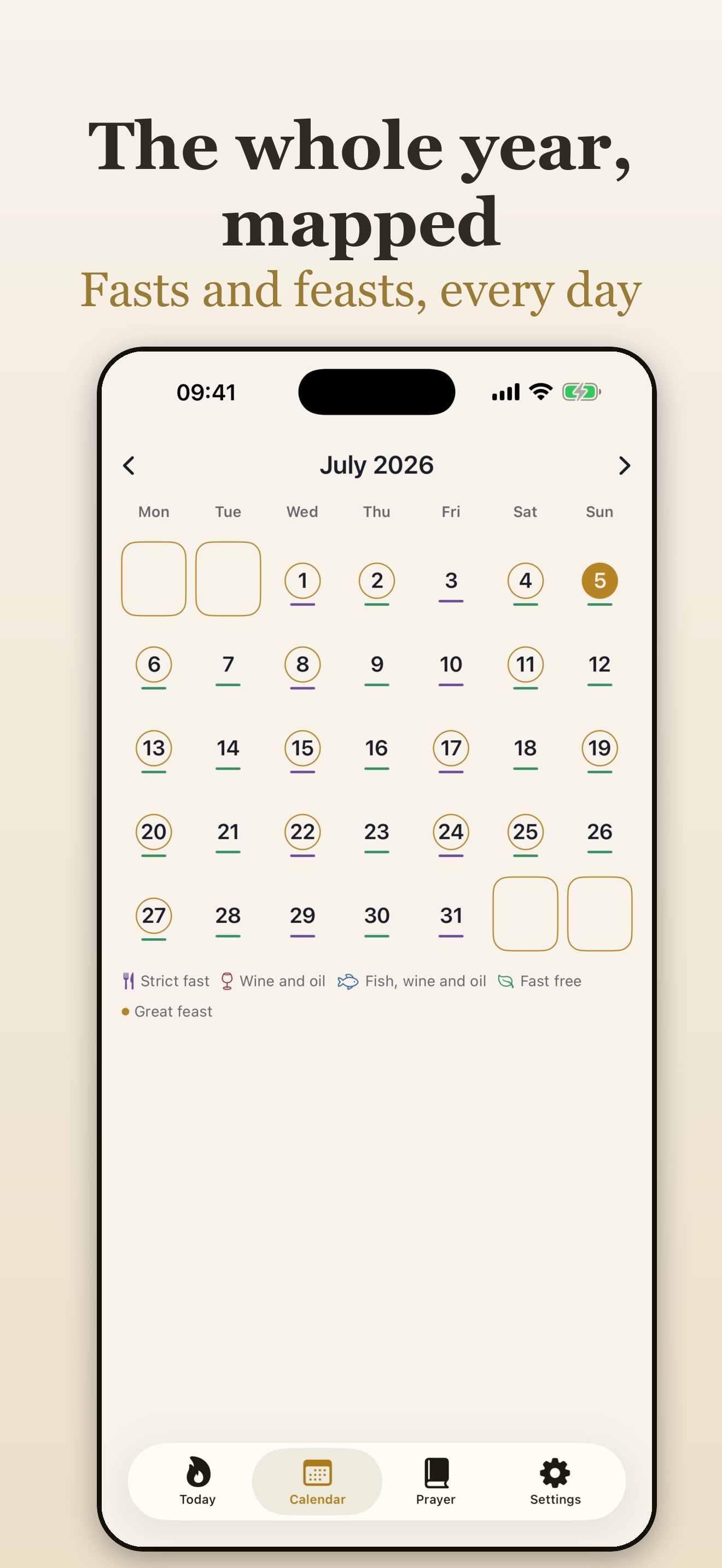 Kandilo month calendar for July, with fast days, feasts, and a great feast marked on each date
