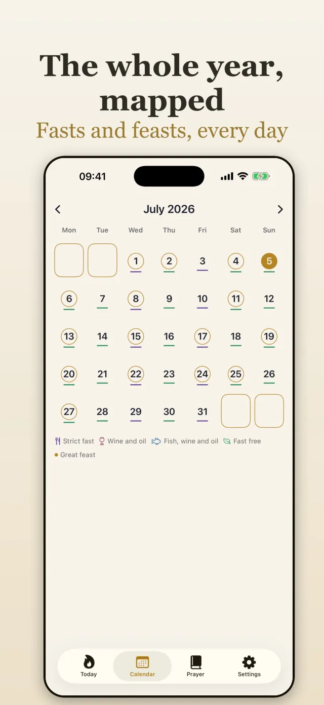 Kandilo month calendar for July, with fast days, feasts, and a great feast marked on each date