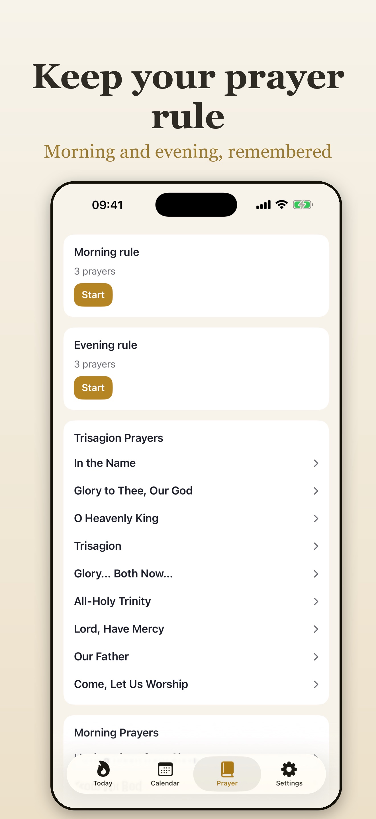 Kandilo prayer rule screen with a morning rule and an evening rule to start, and the Trisagion Prayers listed below