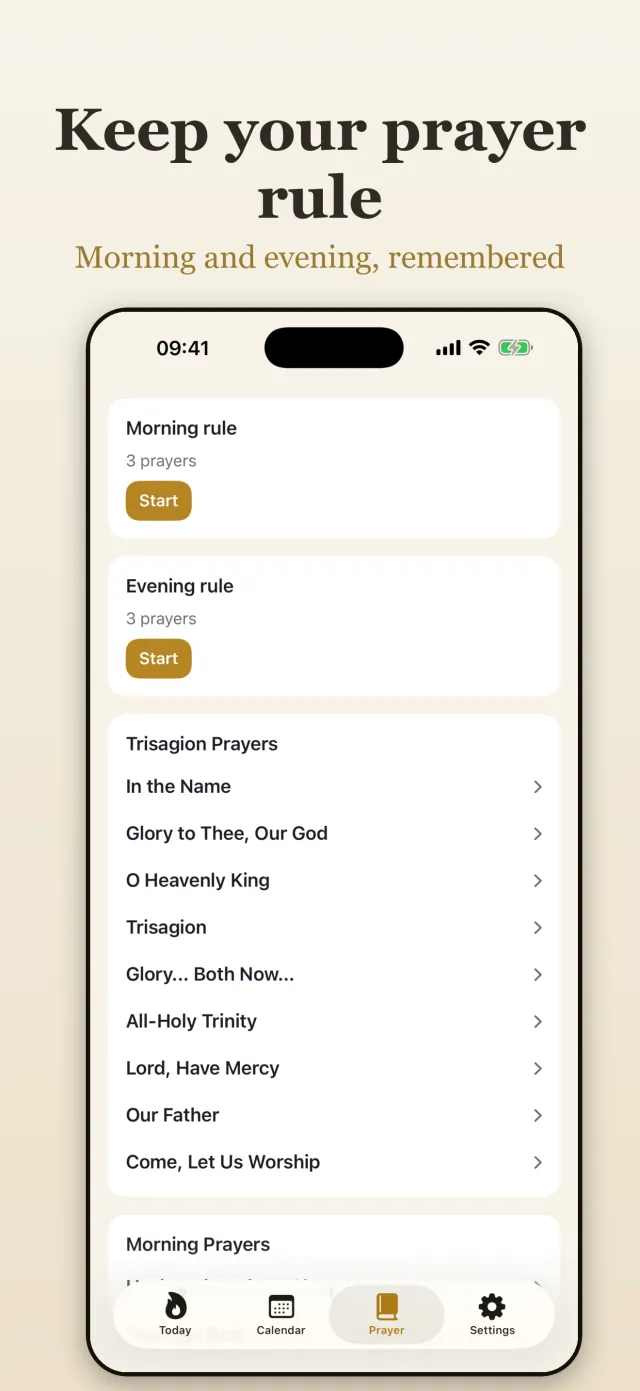 Kandilo prayer rule screen with a morning rule and an evening rule to start, and the Trisagion Prayers listed below
