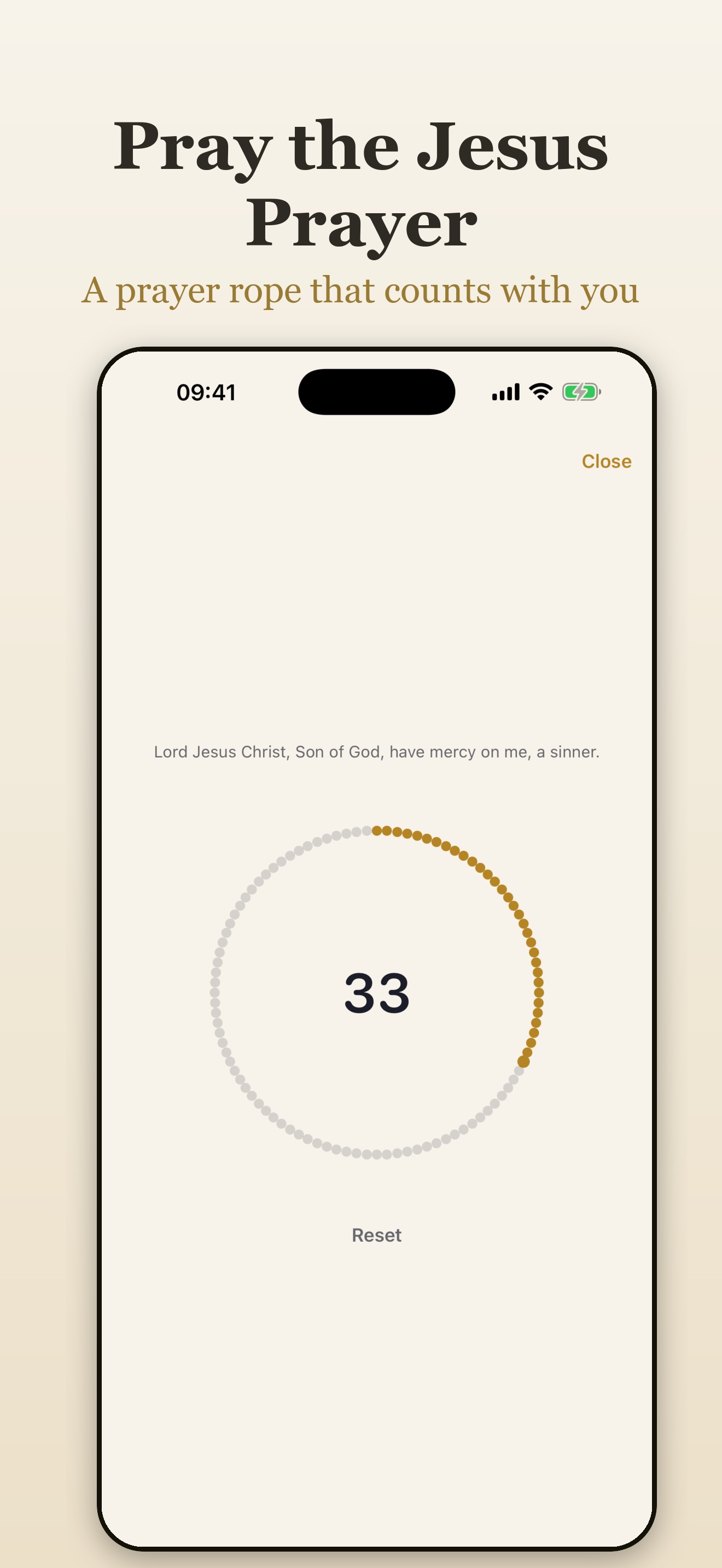 Kandilo komboskini counter mid-count on the Jesus Prayer, showing 33 with a reset option