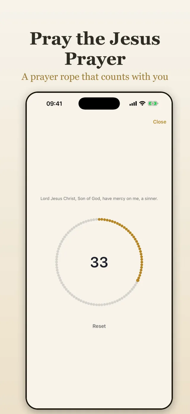 Kandilo komboskini counter mid-count on the Jesus Prayer, showing 33 with a reset option