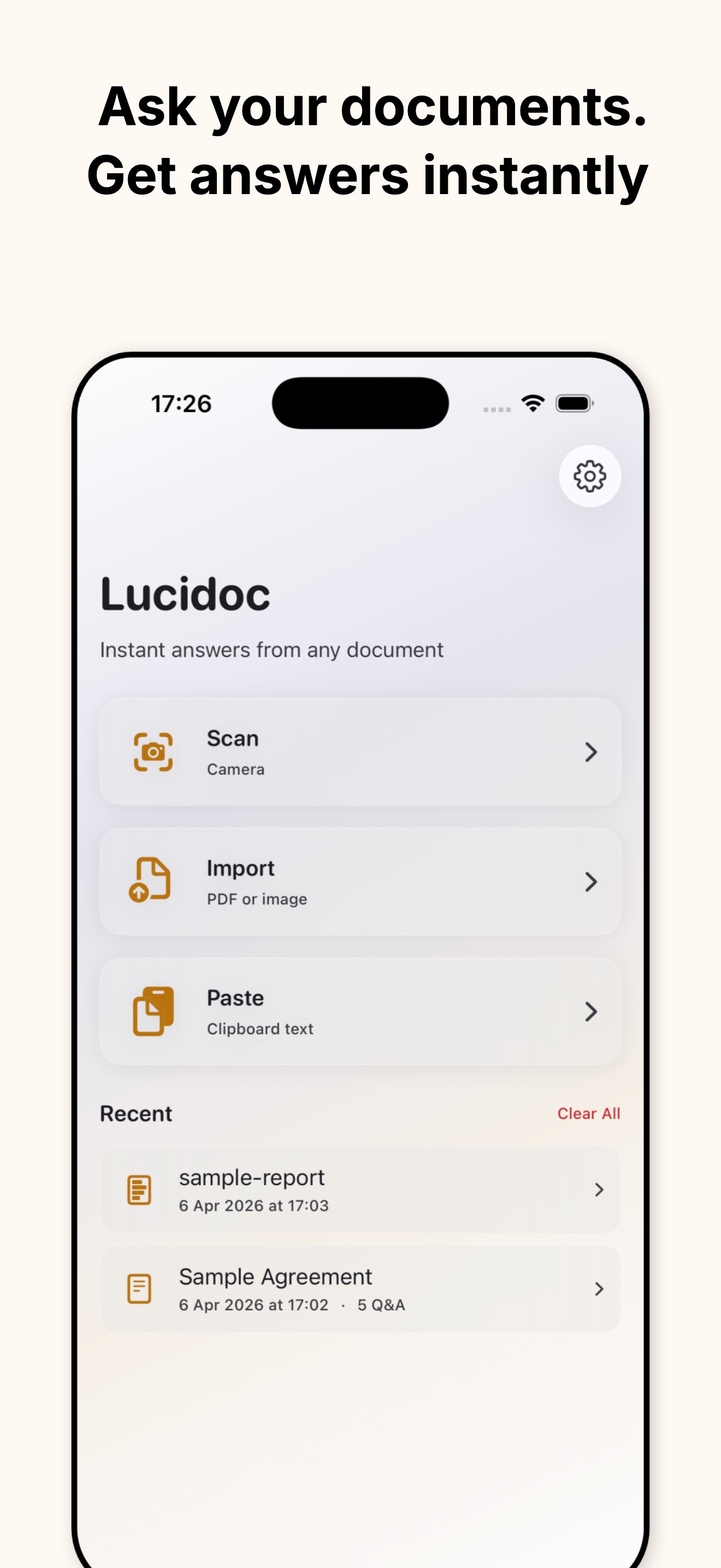 Lucidoc home screen with Scan, Import, and Paste options and a list of recent documents