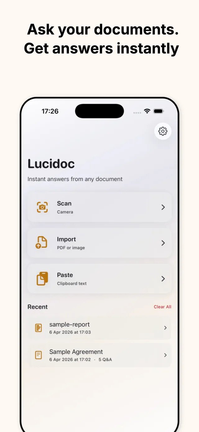 Lucidoc home screen with Scan, Import, and Paste options and a list of recent documents