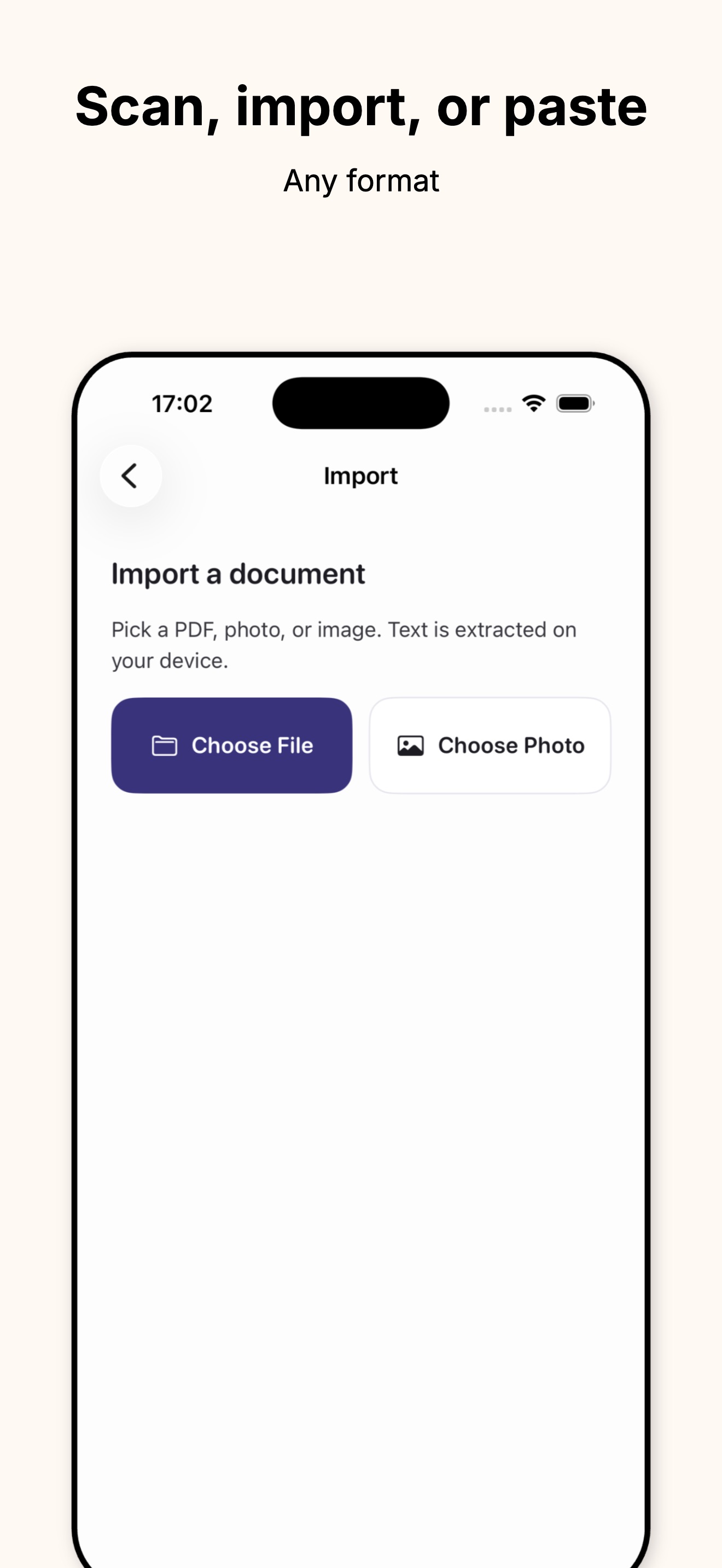 Lucidoc import screen with Choose File and Choose Photo buttons for adding a PDF or image