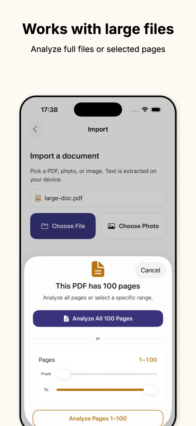 Lucidoc page range picker for a 100-page PDF, with options to analyze all pages or a selected range