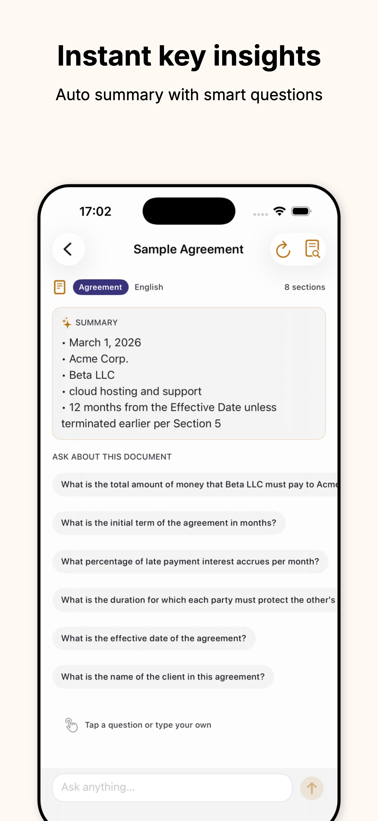 Lucidoc document summary with key points and a list of suggested questions to ask
