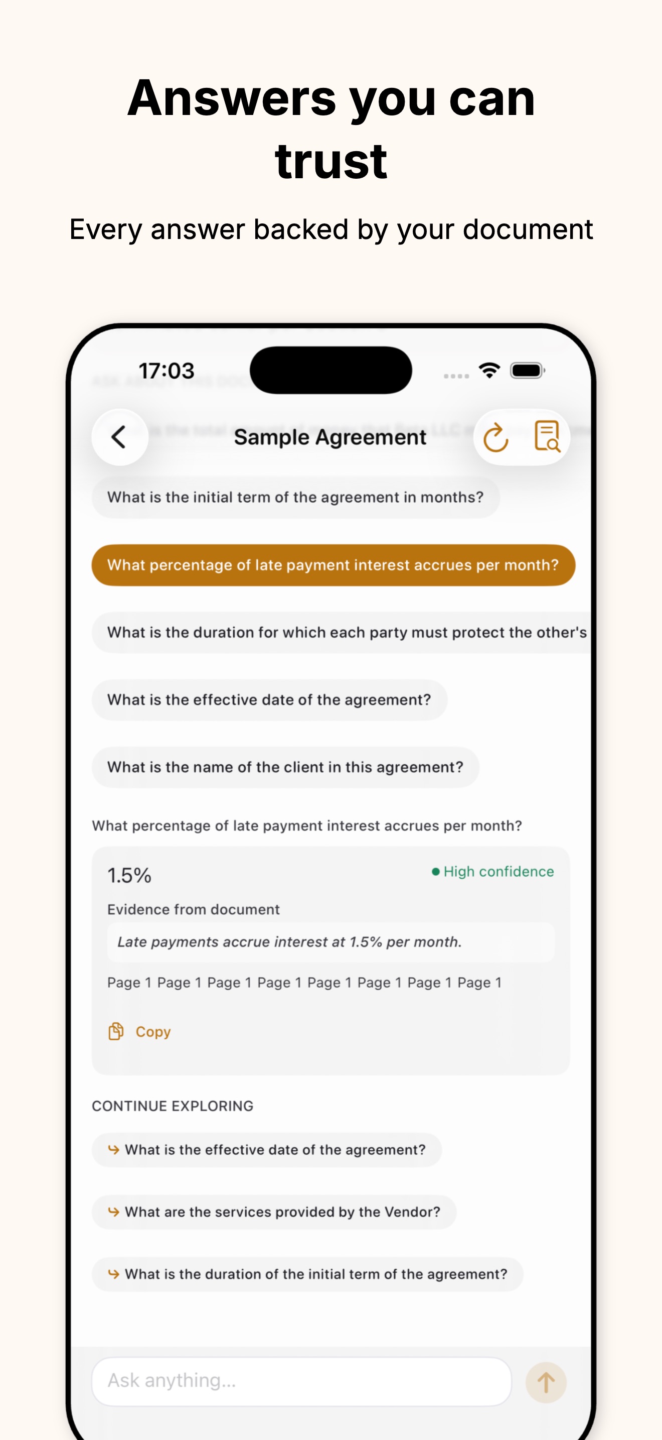 Lucidoc answer view showing a question, the answer, and the exact evidence passage and page it came from