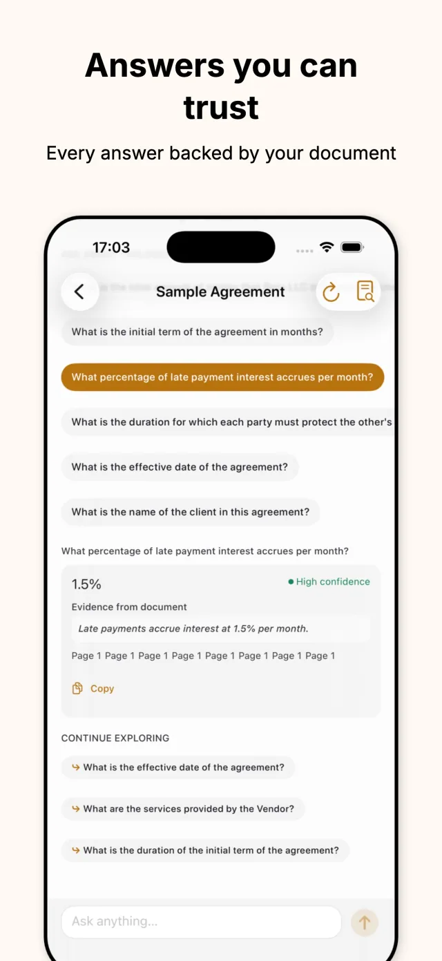 Lucidoc answer view showing a question, the answer, and the exact evidence passage and page it came from