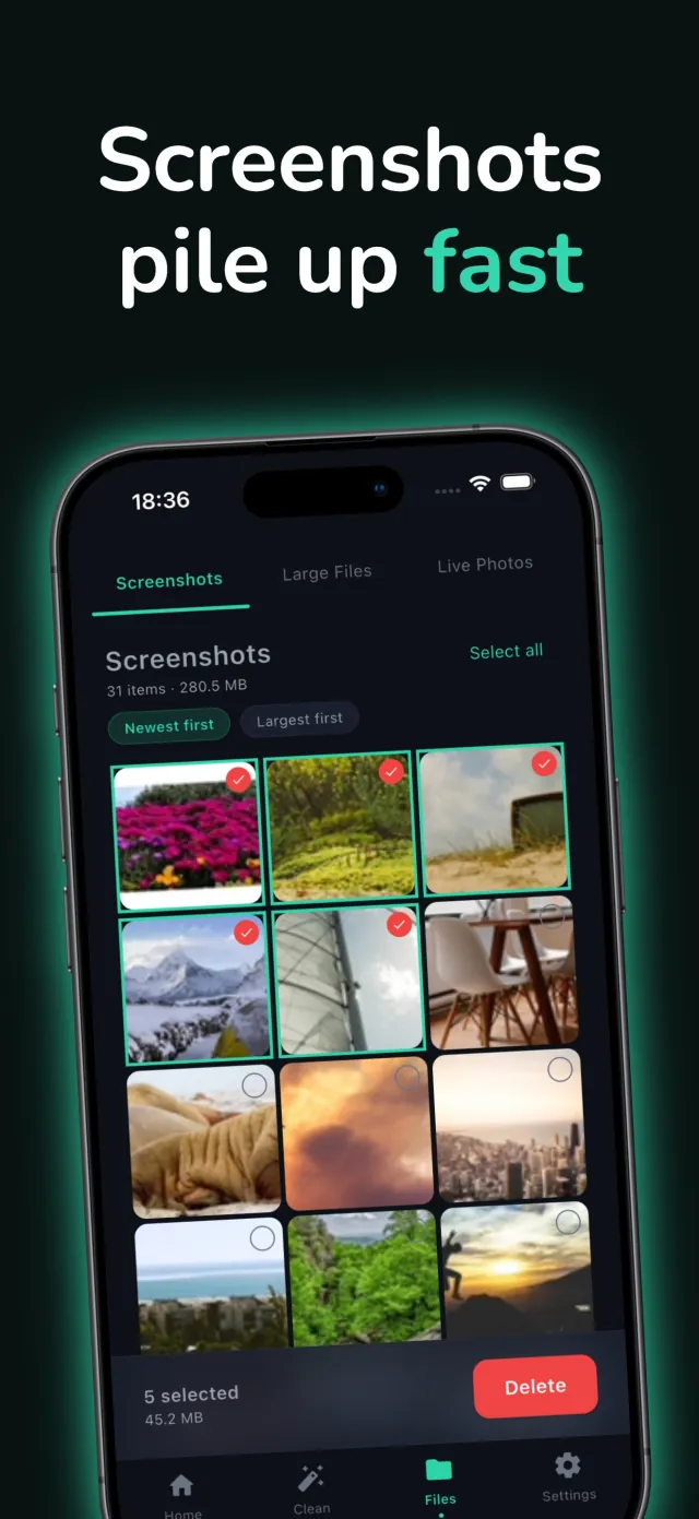 MemFree screenshot cleanup screen with a grid of screenshots selected for bulk deletion