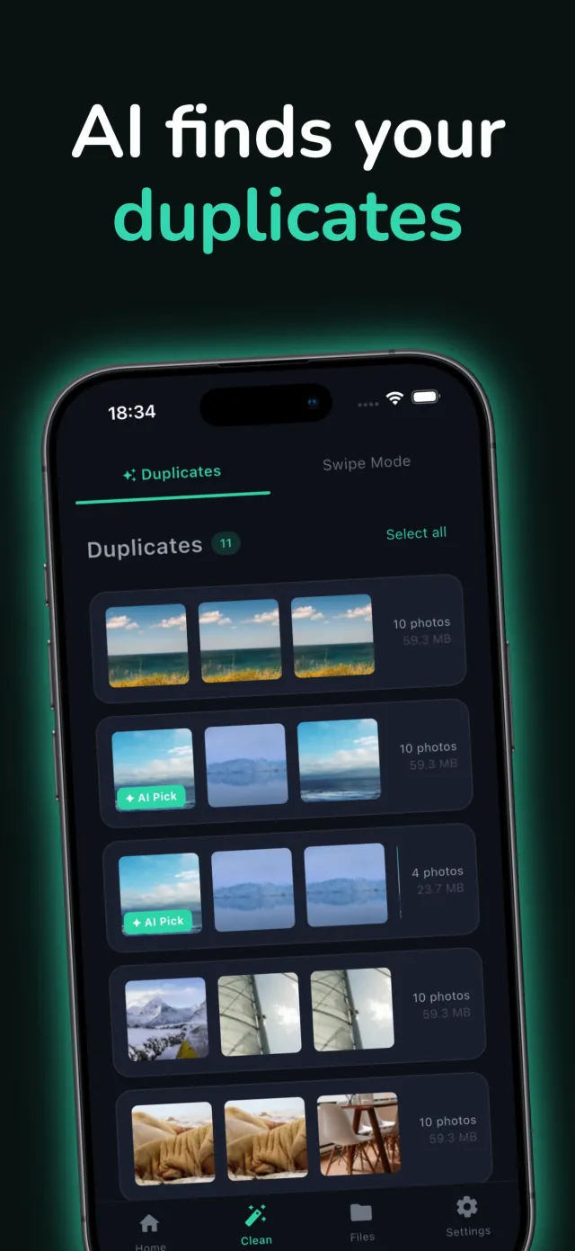 MemFree duplicate detection screen showing grouped near-identical photos with a suggested pick highlighted in each group