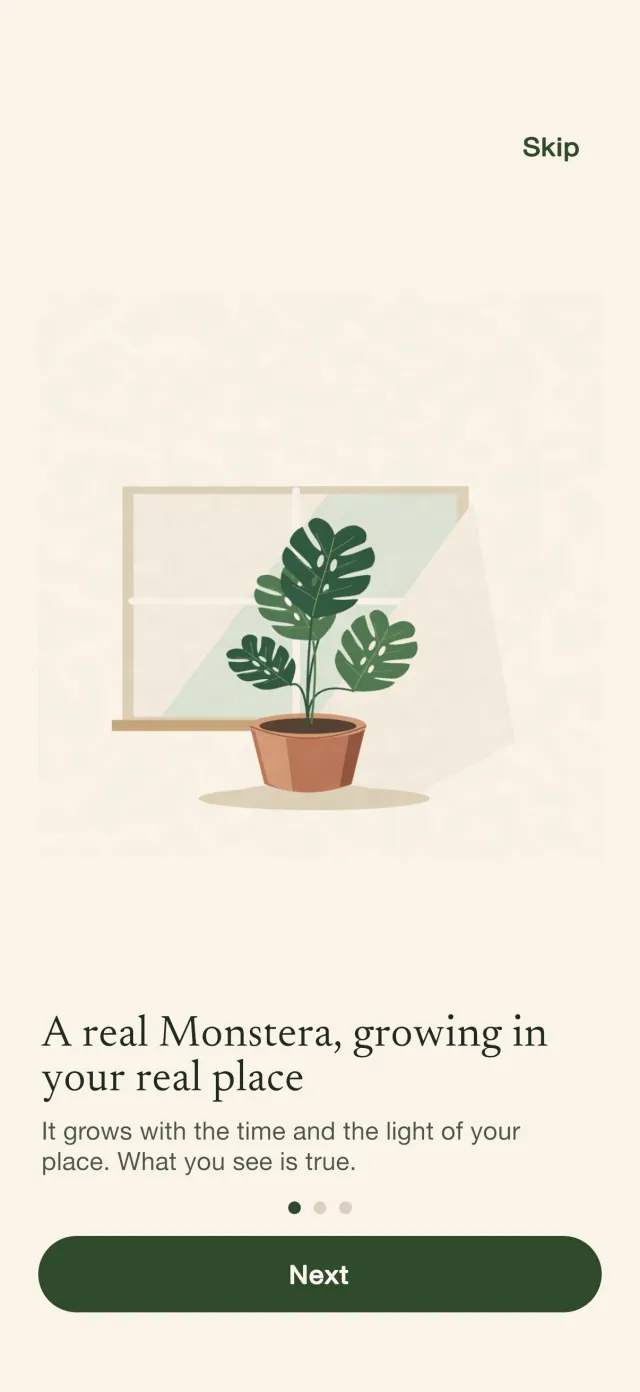 Monstera onboarding page with an illustrated Monstera by a window and the line: A real Monstera, growing in your real place