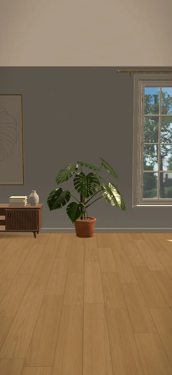 A Monstera on its stand in a sunlit room, a window with trees behind it