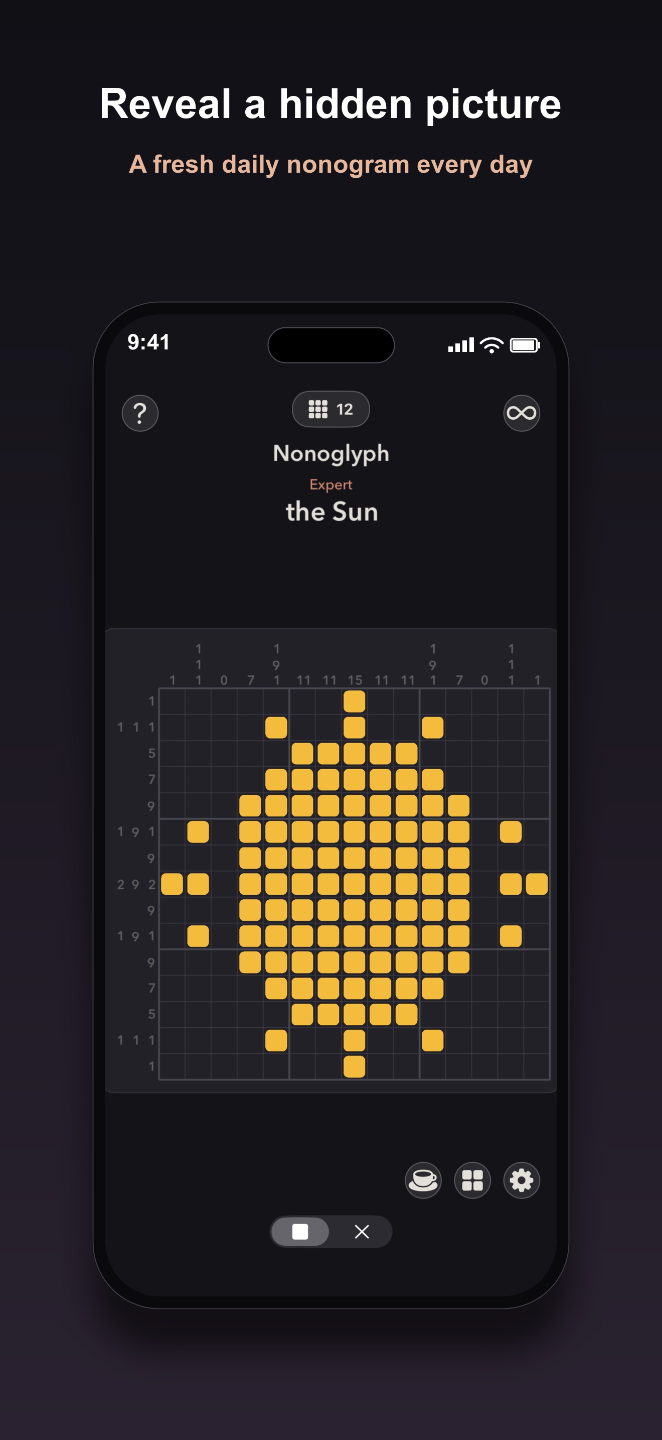 Nonoglyph Expert puzzle called The Sun, fully solved and revealed in warm yellow on a dark grid