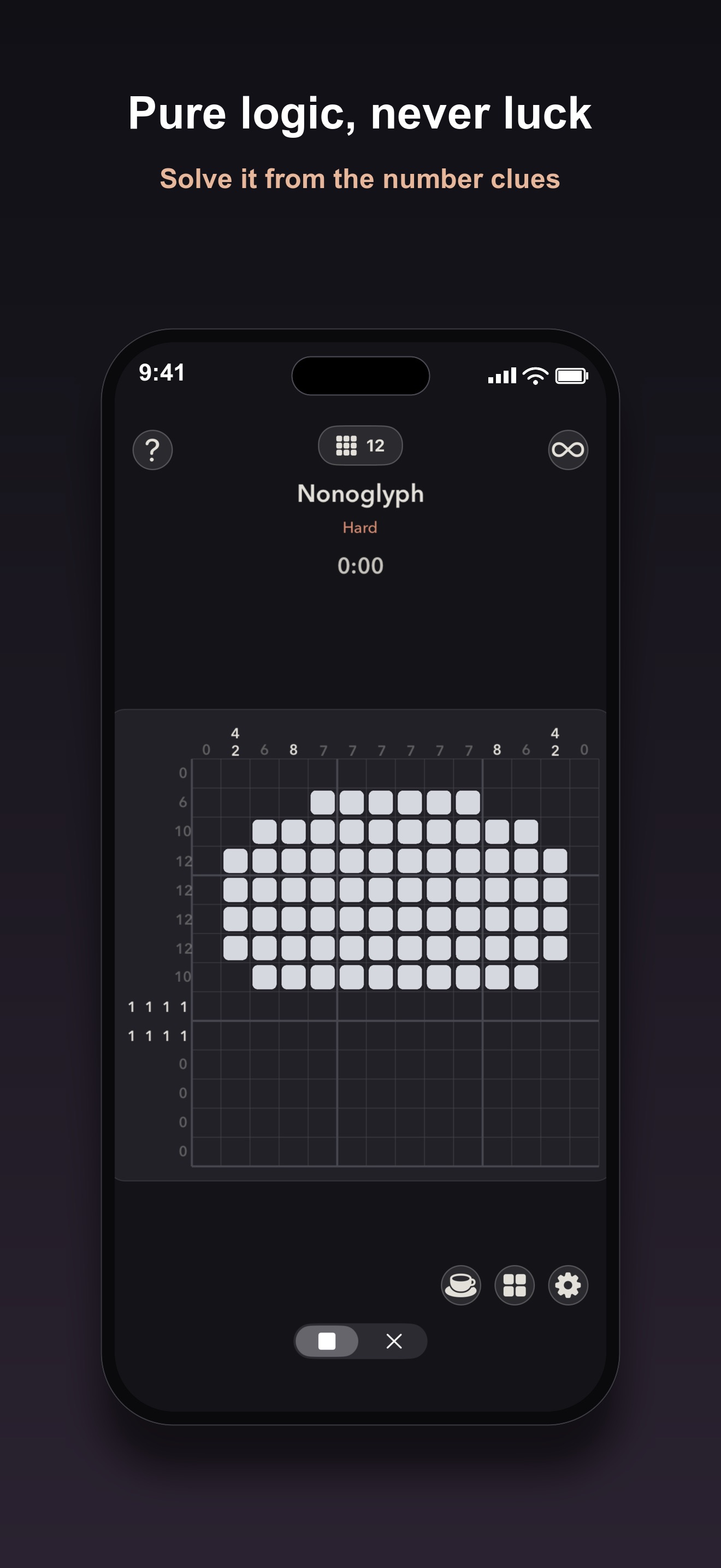 Nonoglyph Hard puzzle mid-solve in monochrome, with the row and column number clues visible around the grid