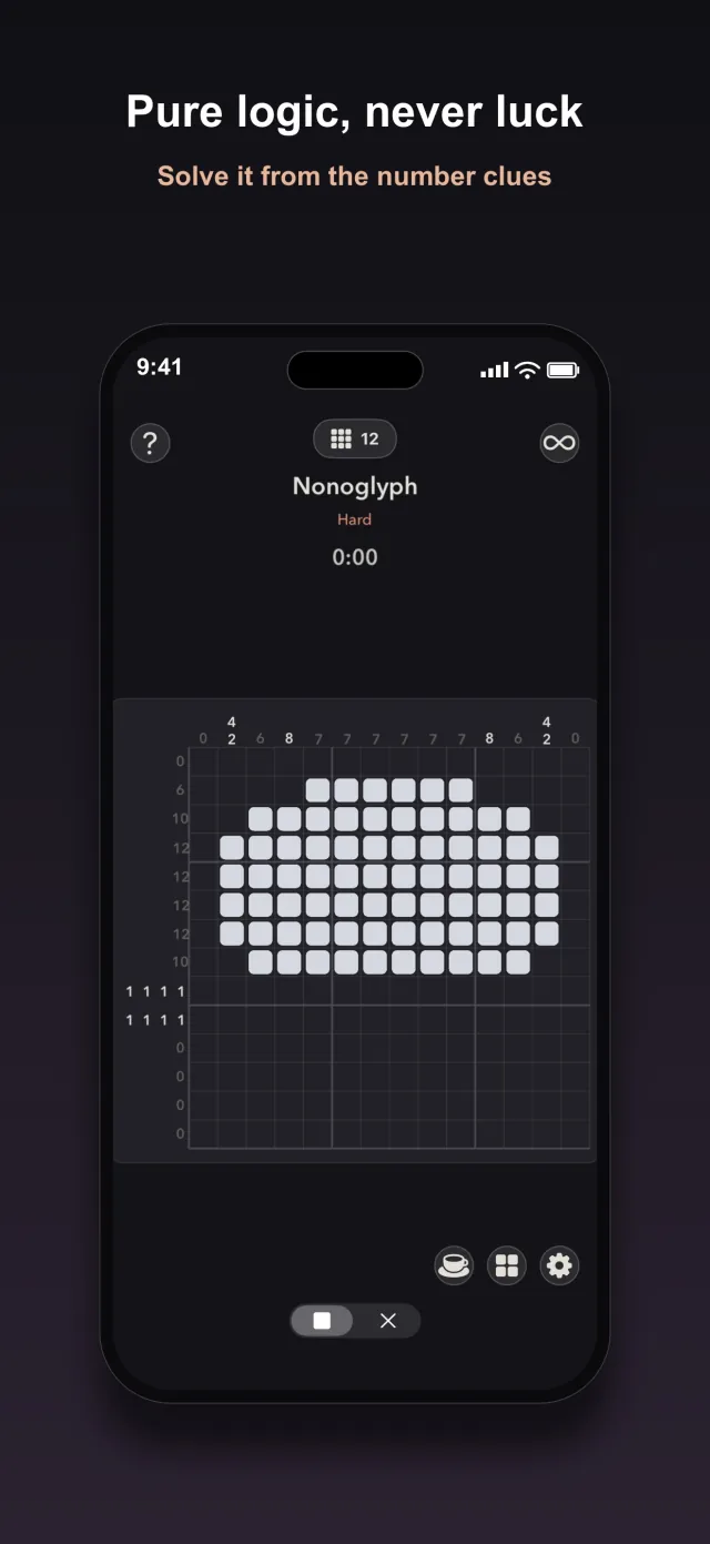 Nonoglyph Hard puzzle mid-solve in monochrome, with the row and column number clues visible around the grid