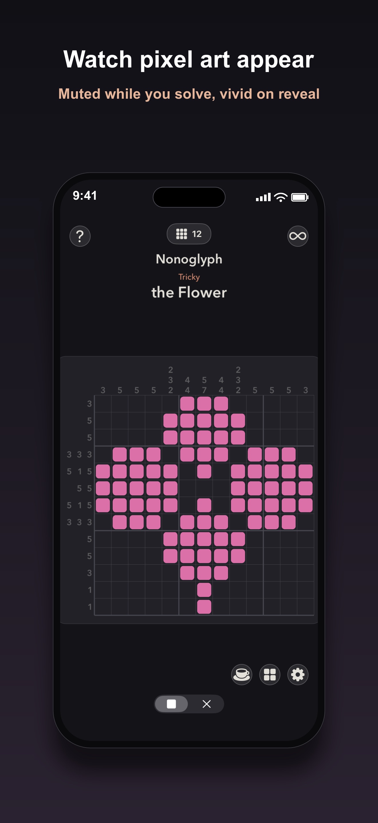 Nonoglyph Tricky puzzle called The Flower, fully solved and revealed in pink on a dark grid