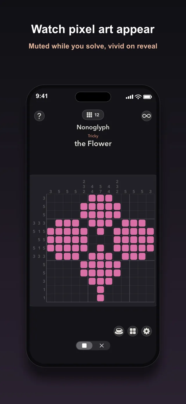 Nonoglyph Tricky puzzle called The Flower, fully solved and revealed in pink on a dark grid