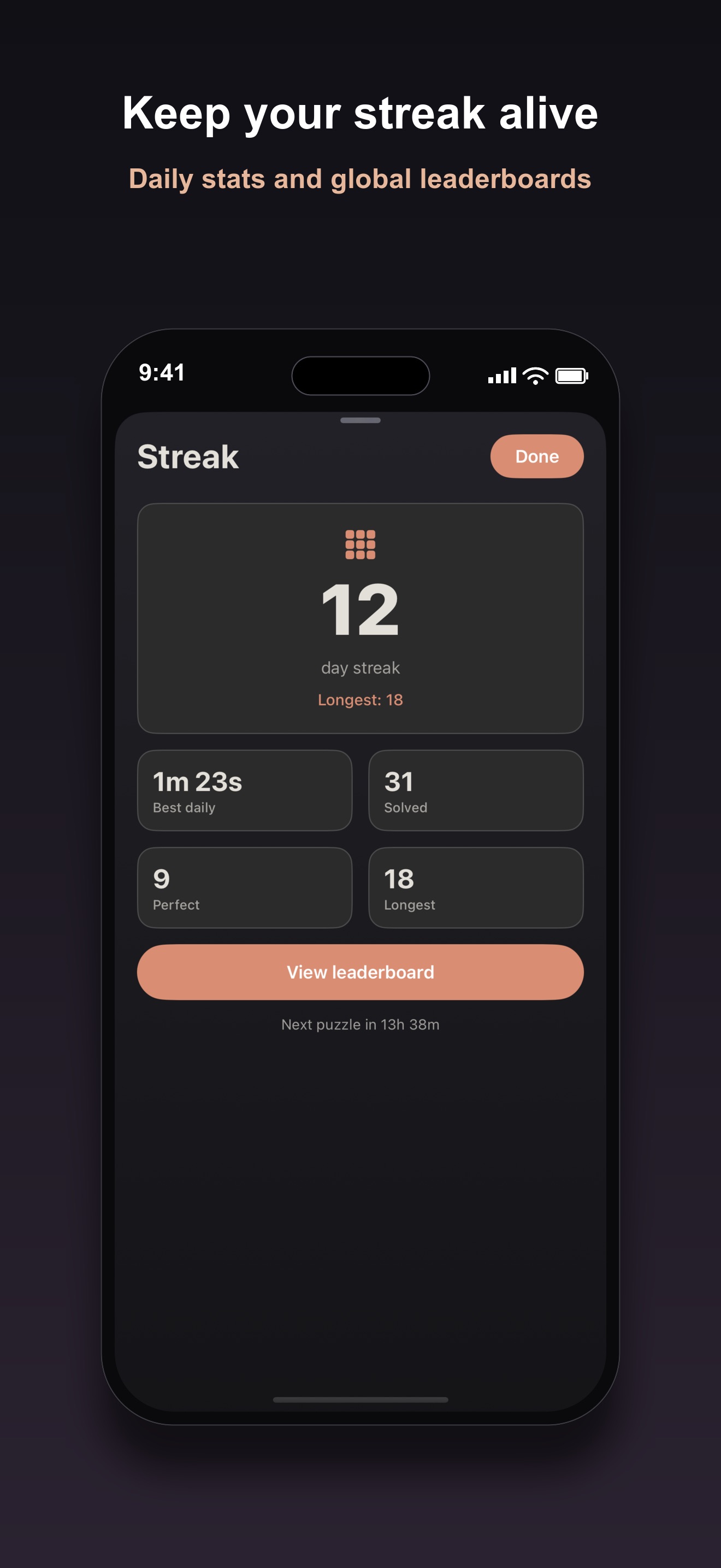 Nonoglyph streak screen showing a 12-day streak, a longest streak of 18, best daily time, puzzles solved, and a link to the leaderboard