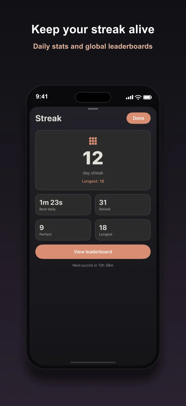 Nonoglyph streak screen showing a 12-day streak, a longest streak of 18, best daily time, puzzles solved, and a link to the leaderboard
