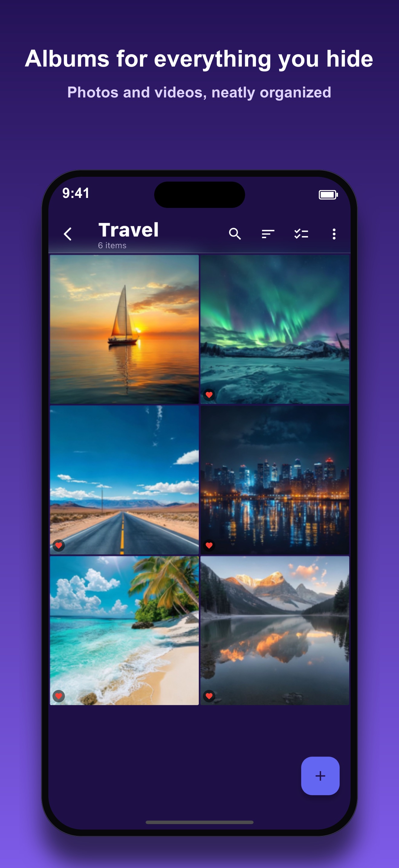 Photo Vault Travel album showing a grid of six photos with favorites marked by a heart icon