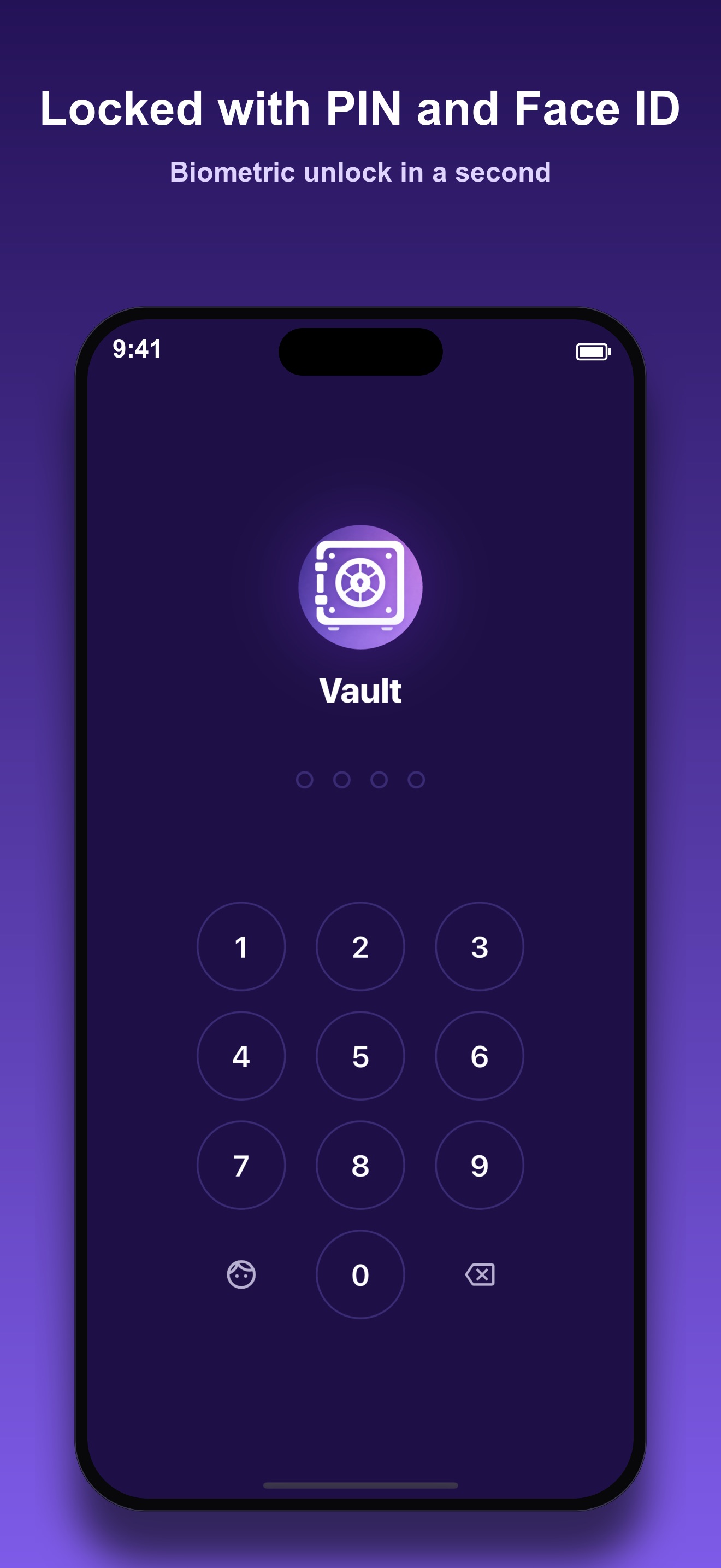 Photo Vault PIN lock screen with a vault icon and numeric keypad, ready for Face ID or PIN unlock