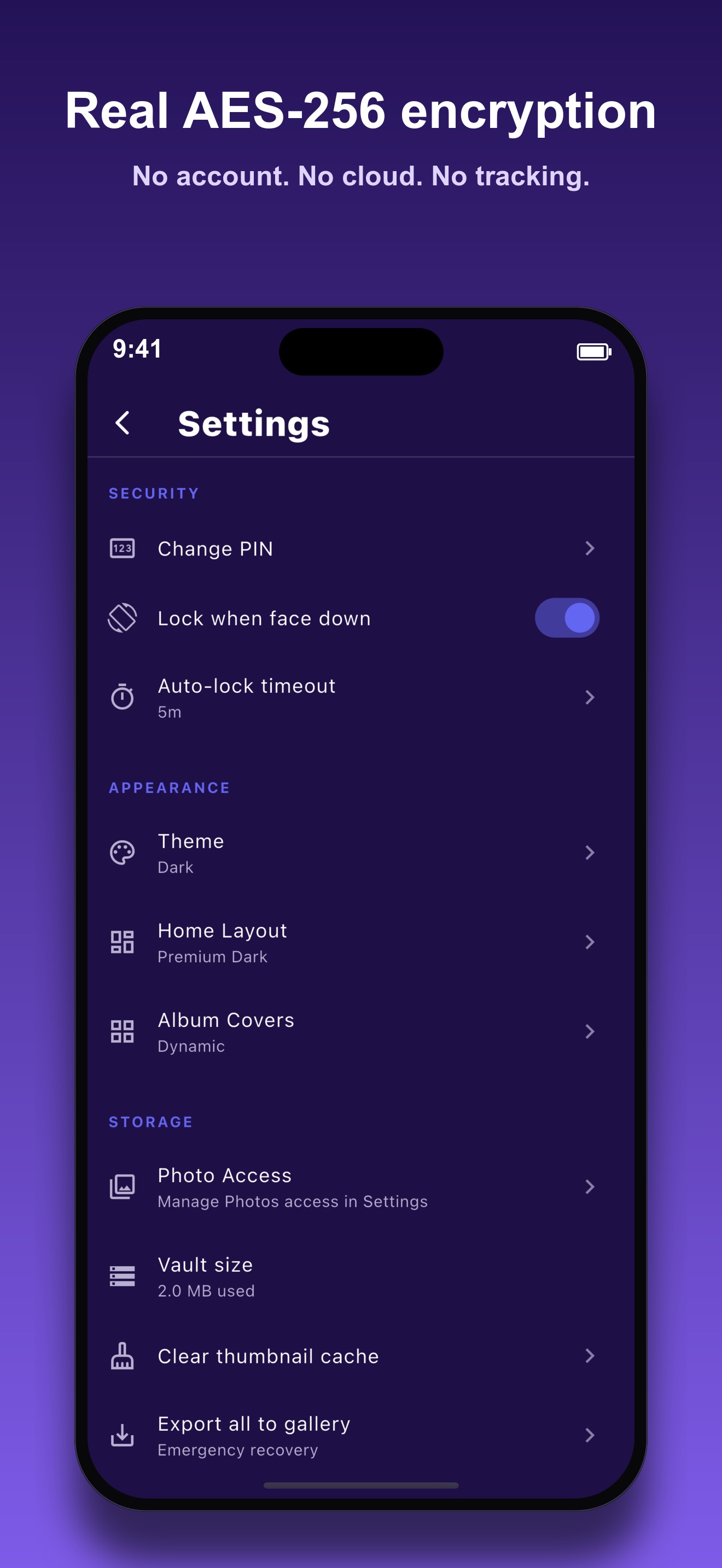 Photo Vault Settings screen showing Security, Appearance, and Storage sections including Change PIN, Auto-lock timeout, and Export all to gallery