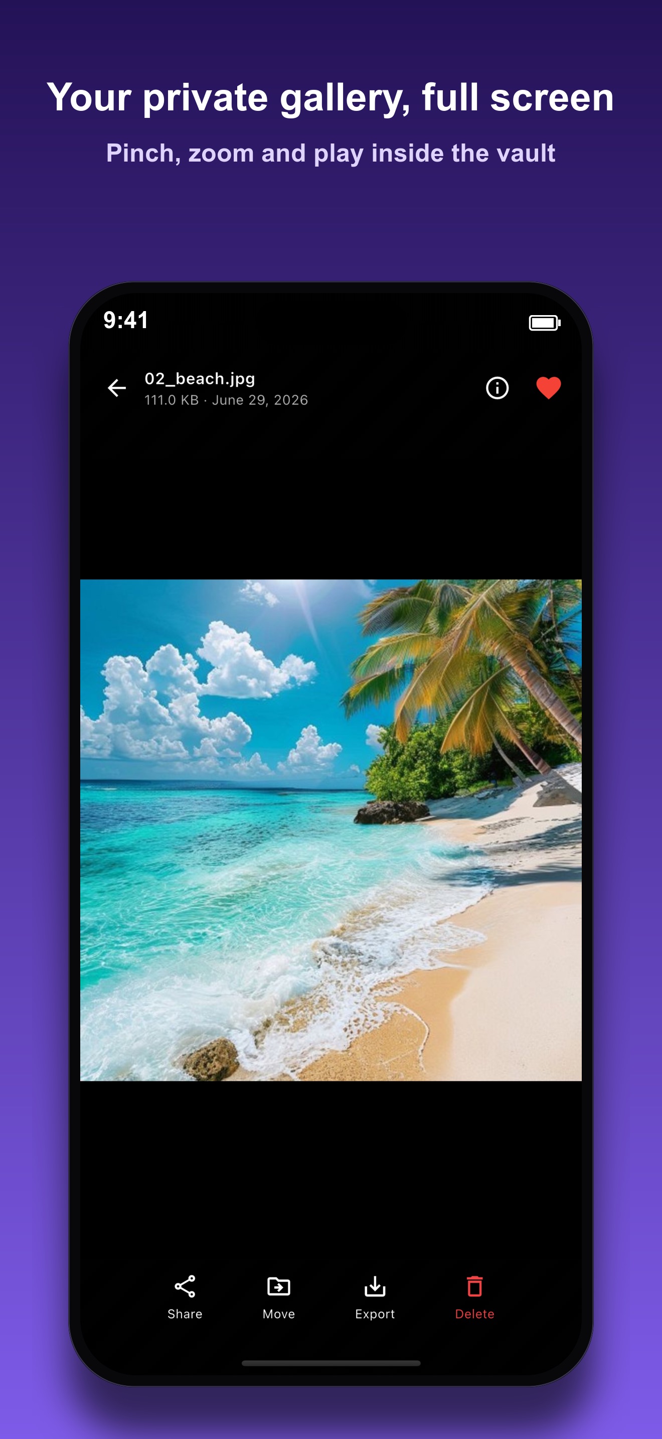 Photo Vault full-screen photo viewer showing a beach photo with Share, Move, Export, and Delete actions