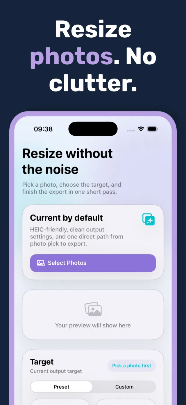 PixelsFit photo selection screen with a Select Photos button and empty preview area