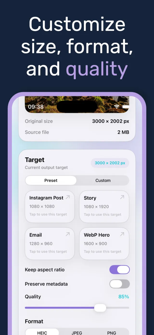 PixelsFit target size screen with preset options, aspect ratio toggle, and quality slider