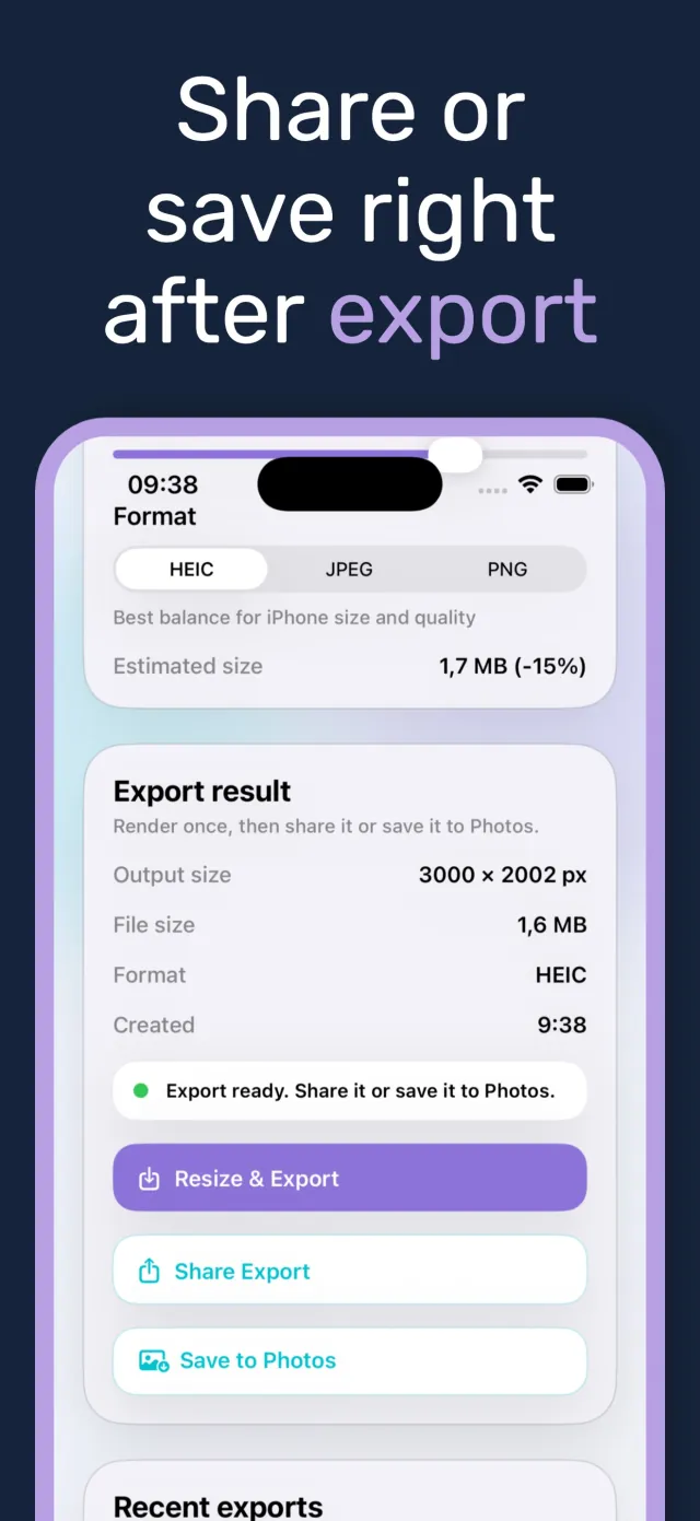 PixelsFit export result screen showing output size, file size, format, and share or save buttons