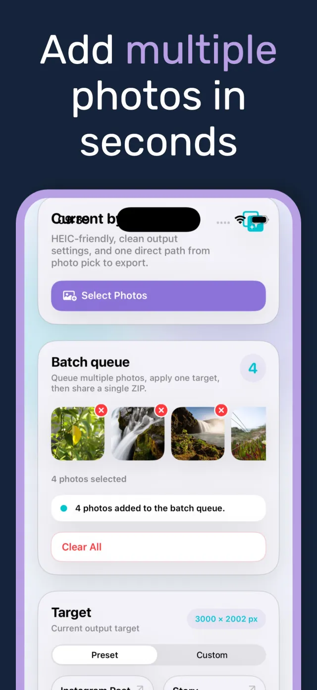 PixelsFit batch queue with four photos selected for resizing together