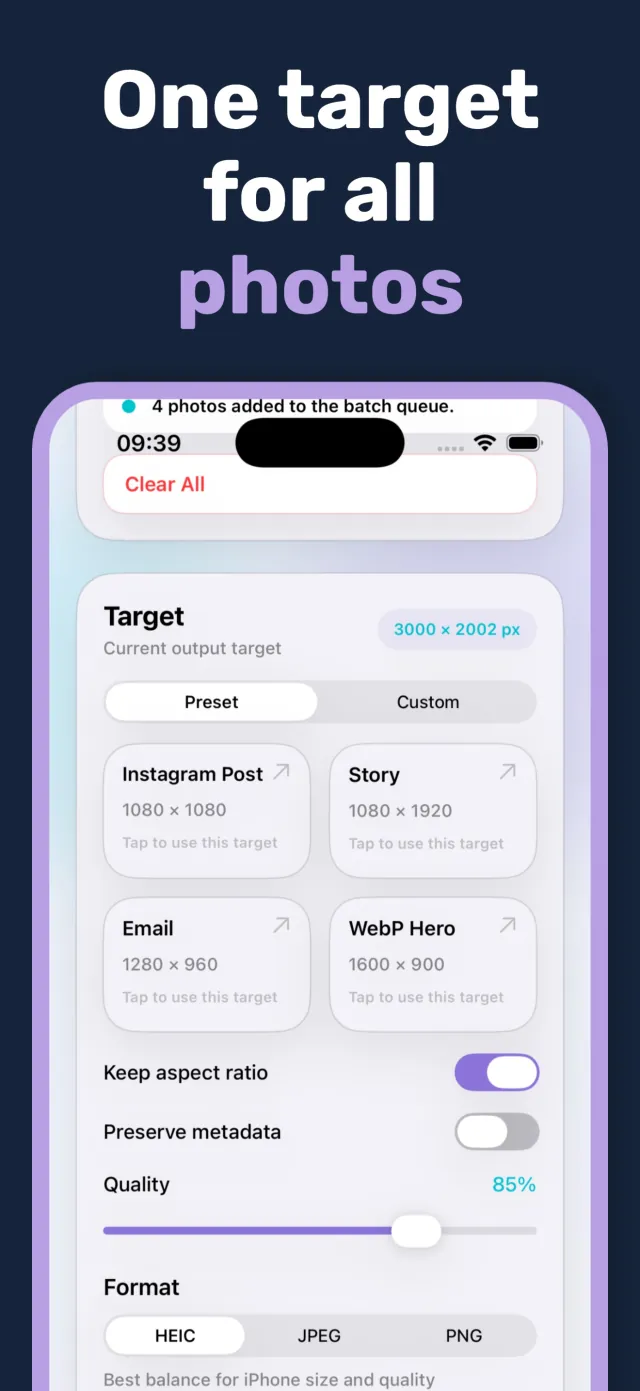 PixelsFit target size screen with presets and quality slider applied to a batch of photos