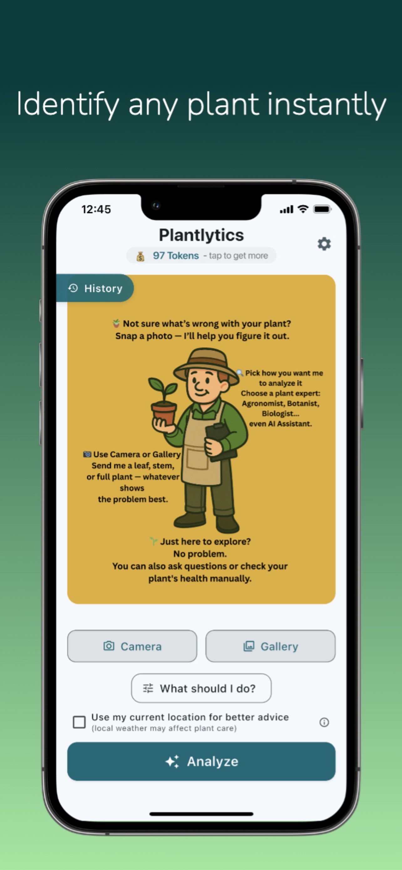 Plantlytics home screen with camera and gallery buttons, a plant expert illustration, and a token balance
