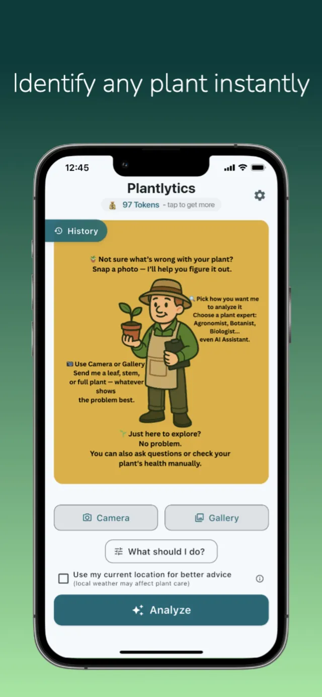 Plantlytics home screen with camera and gallery buttons, a plant expert illustration, and a token balance