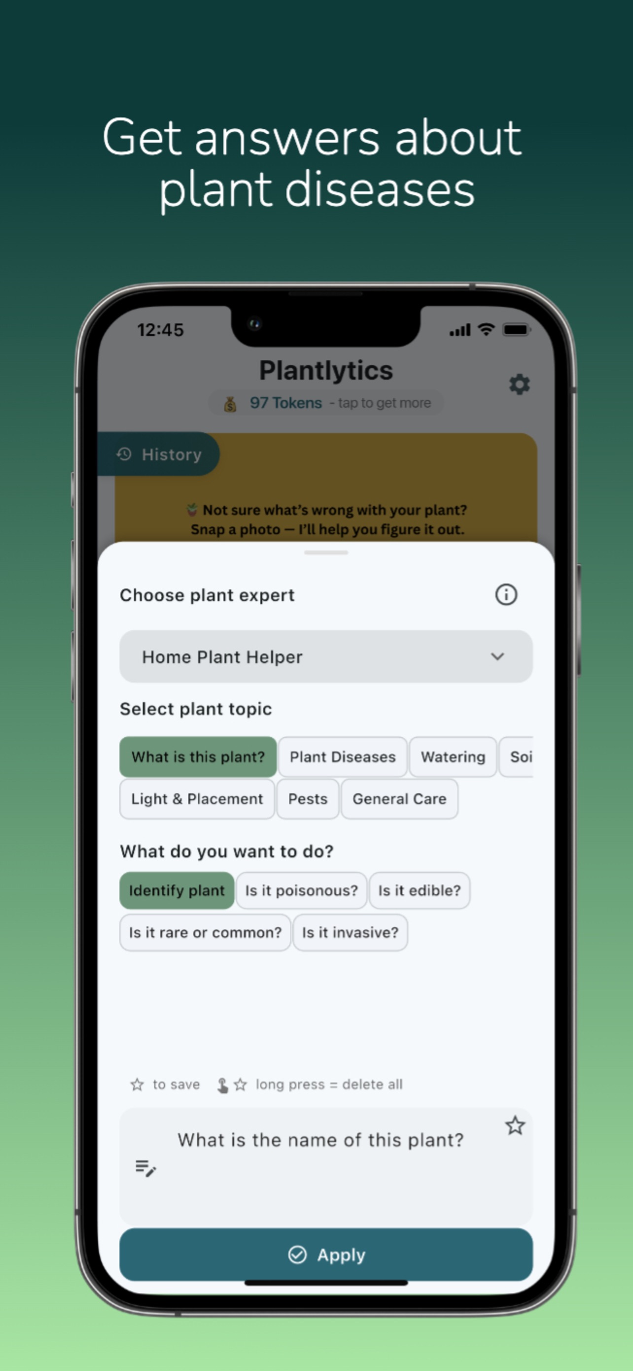 Plantlytics advisor picker with plant topics like watering, soil, and pests, and questions like is it poisonous or is it edible