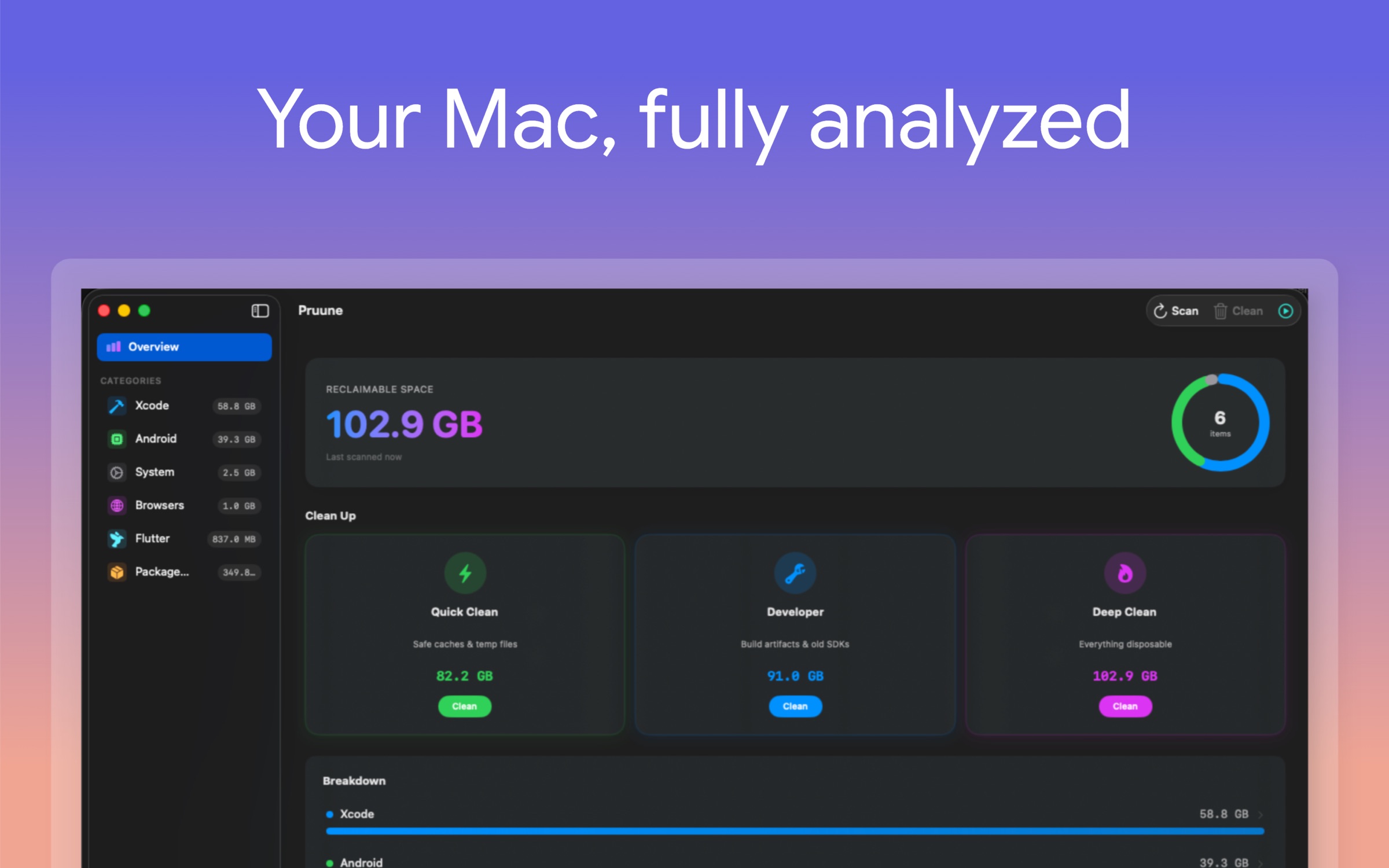 Pruune Overview &mdash; reclaimable space, categories, and three cleanup profiles