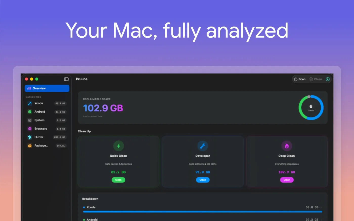 Pruune Overview &mdash; reclaimable space, categories, and three cleanup profiles