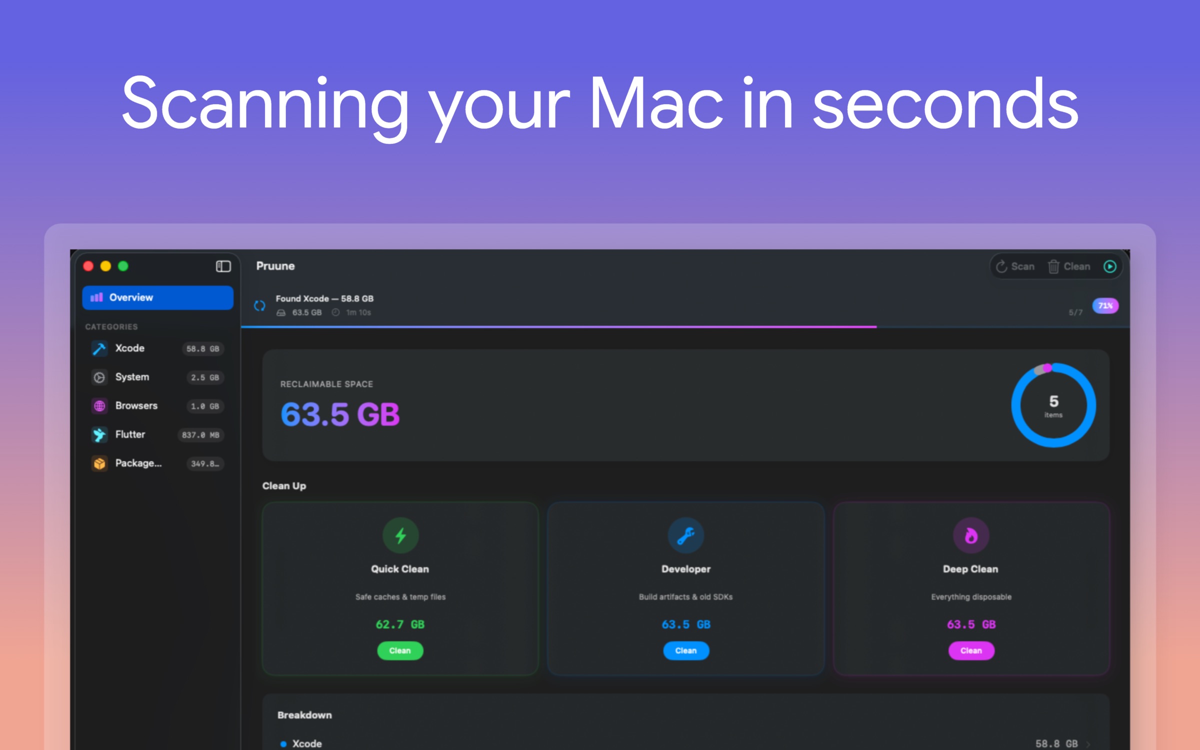 Pruune scanning a Mac in seconds &mdash; live progress and per-category status