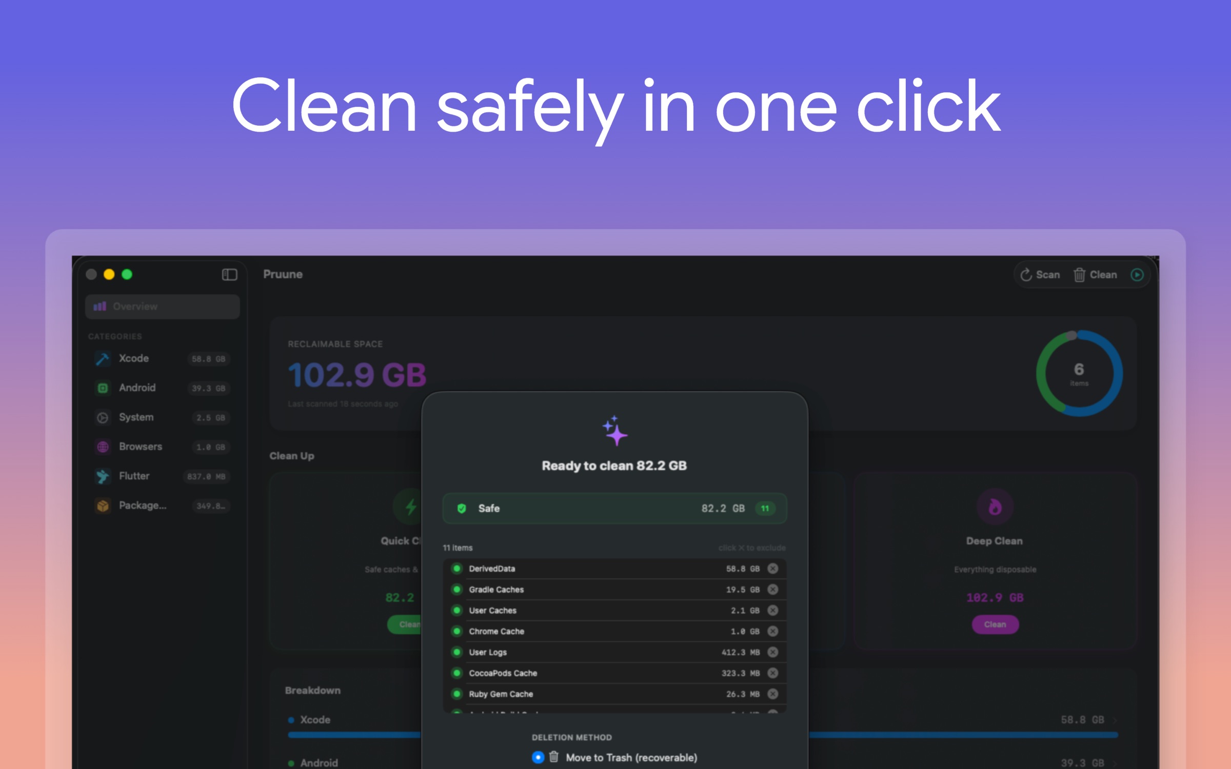 Pruune one-click safe clean &mdash; review every item, deletion via Trash