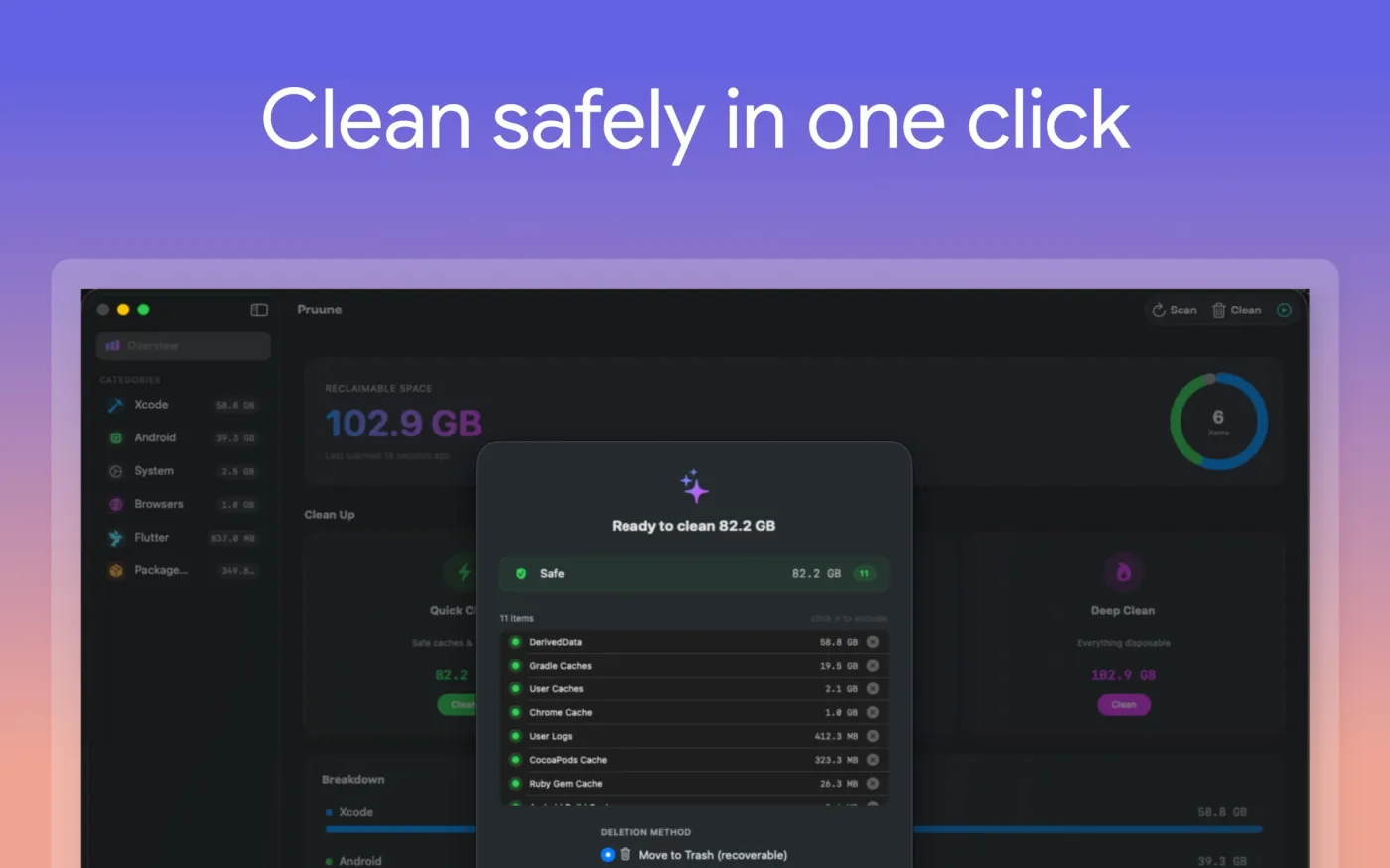 Pruune one-click safe clean &mdash; review every item, deletion via Trash