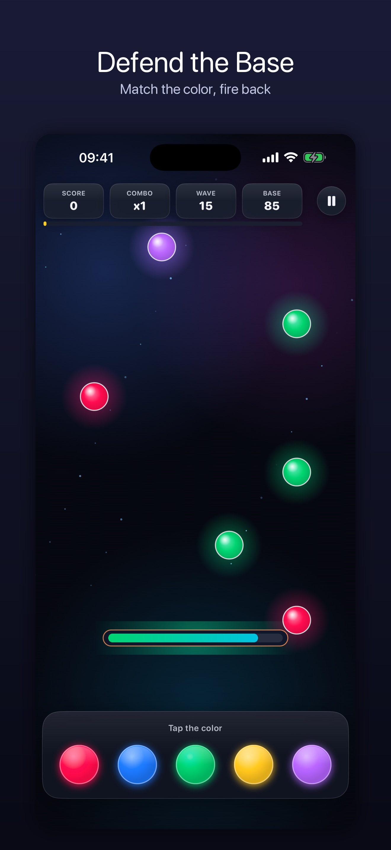 Rune gameplay screen with colored orbs falling toward the base at wave 15, and a five-color tap pad along the bottom
