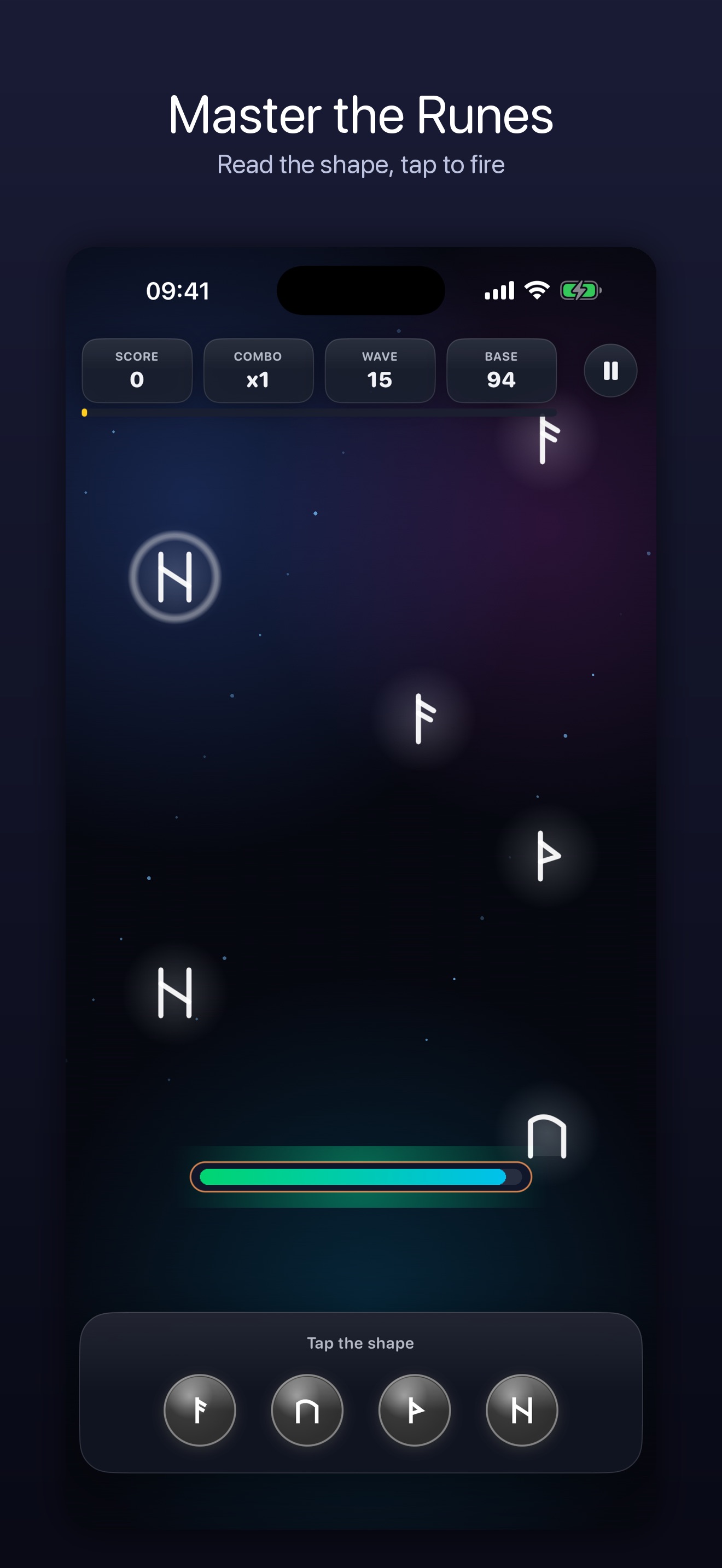 Rune gameplay in Form mode, with white rune shapes falling and a four-shape tap pad to match